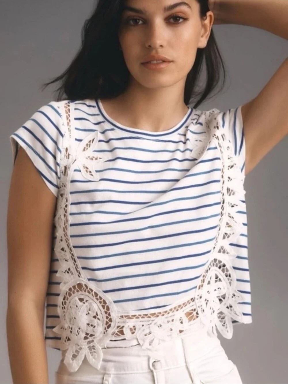 ANTHROPOLOGIE Maeve Lacy Stelline Navy Stripe Crop Top XS NWT - Picture 1 of 12